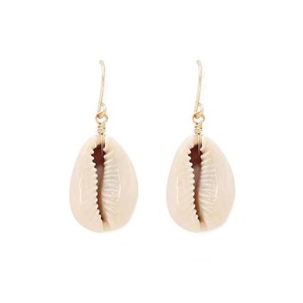 LAST SET Gold + Cream Cowrie Shell Drop Earrings - Picture 2 of 2